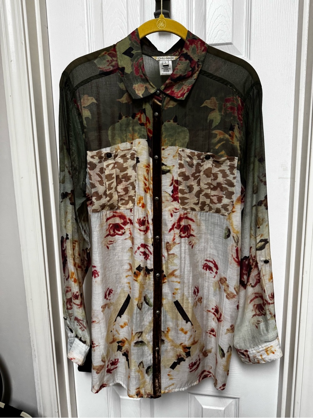 John Mark Sheer Floral & animal print  Button-Down Shirt - Olive, White & beige